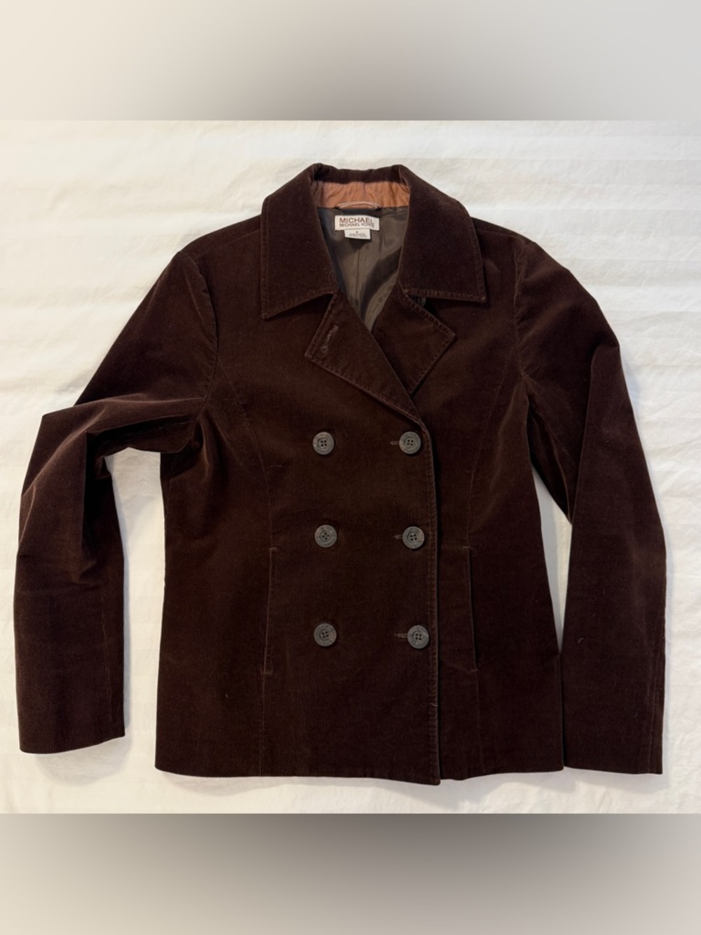 Michael Kors Brown Double-Breasted Corduroy Pea Coat